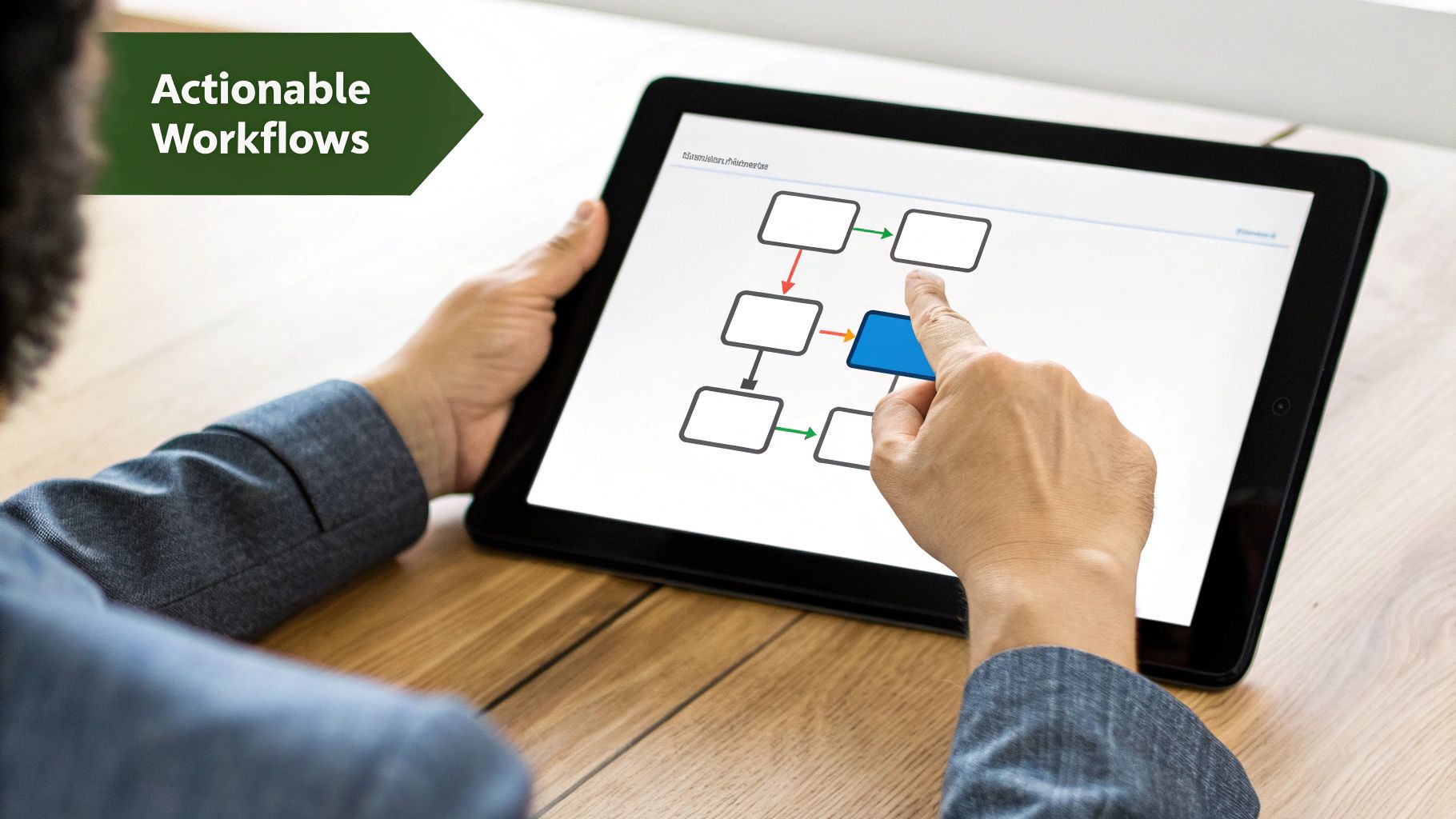 A person's hands interact with a digital workflow diagram on a tablet, showcasing actionable workflows.
