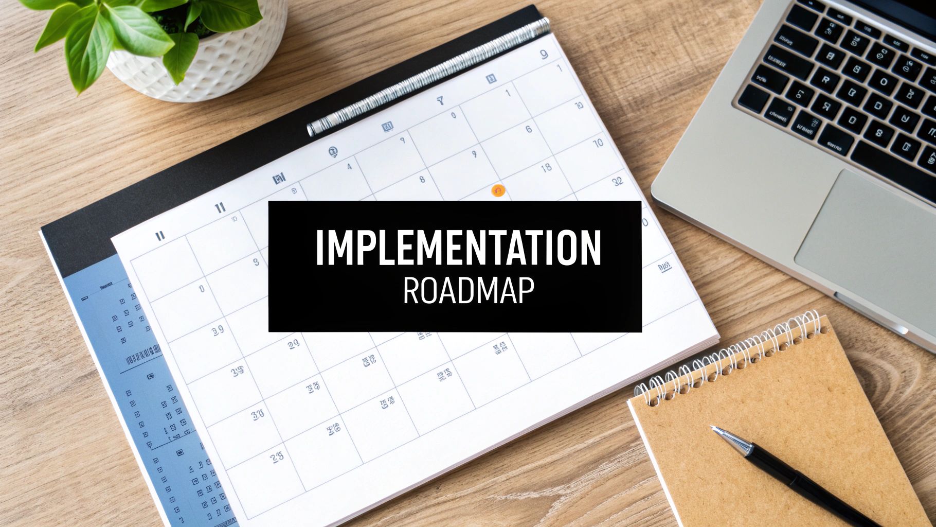 A desk flatlay with a calendar, laptop, plant, and notepad. Text reads 'IMPLEMENTATION ROADMAP'.