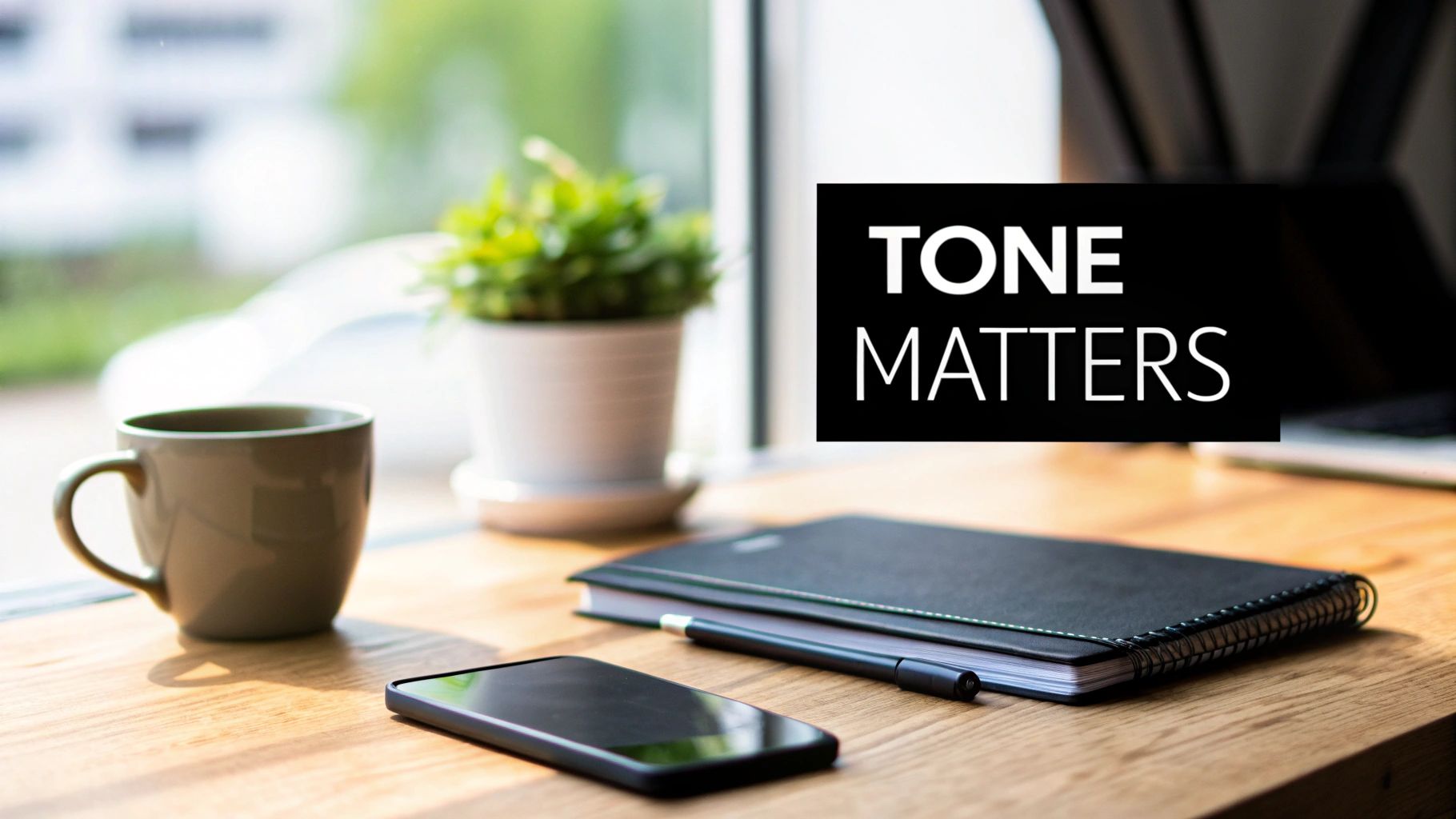 A bright workspace featuring a coffee cup, green plant, smartphone, notebook, and a 'TONE MATTERS' overlay.