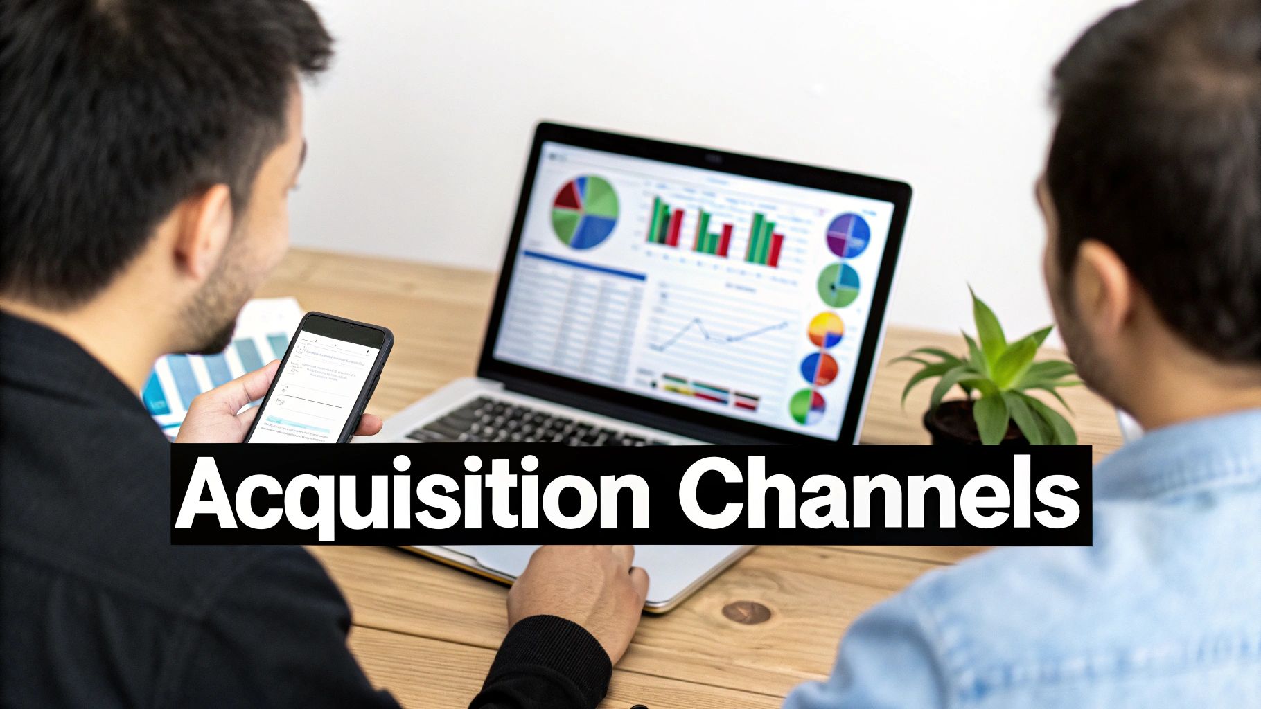 Two men analyze acquisition channels data on a laptop and smartphone for a marketing strategy.