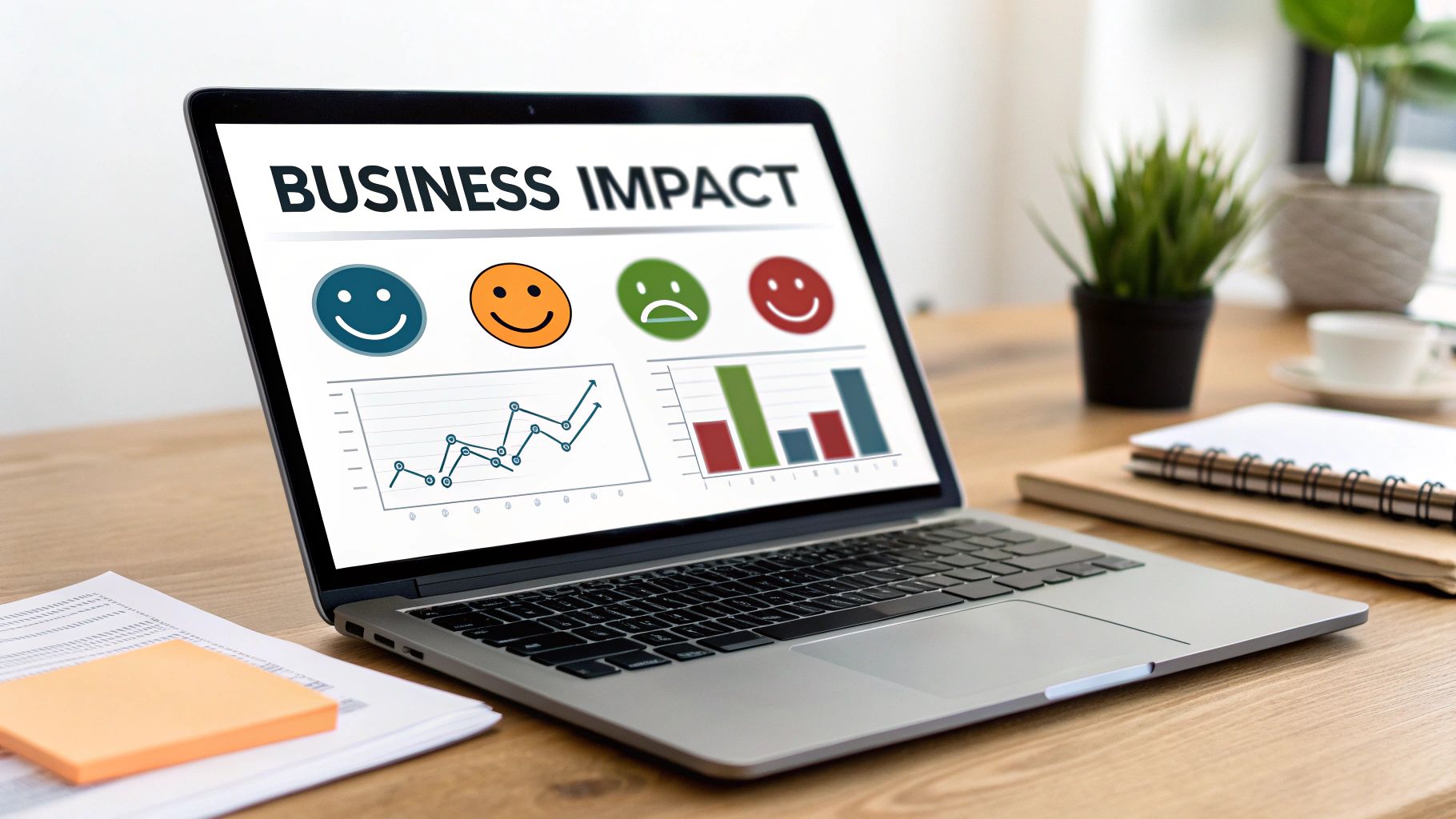 Laptop screen displays 'BUSINESS IMPACT' with performance graphs and sentiment emojis on a wooden desk.