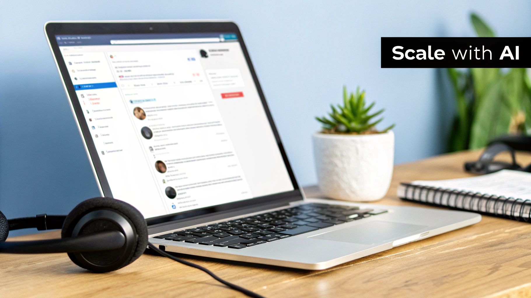 A laptop displaying a social media interface, headphones, plant, and notebook on a desk with 'Scale with AI'.