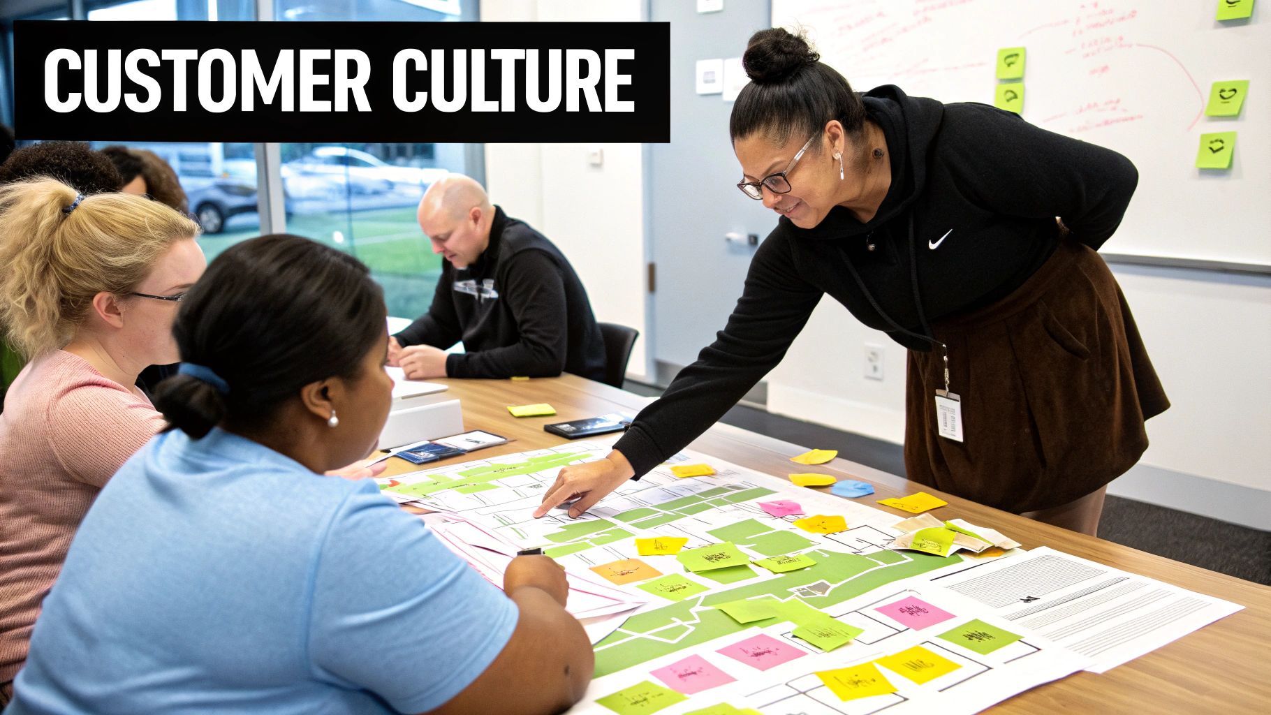 A diverse group collaborates on a large diagram with sticky notes, fostering customer culture.