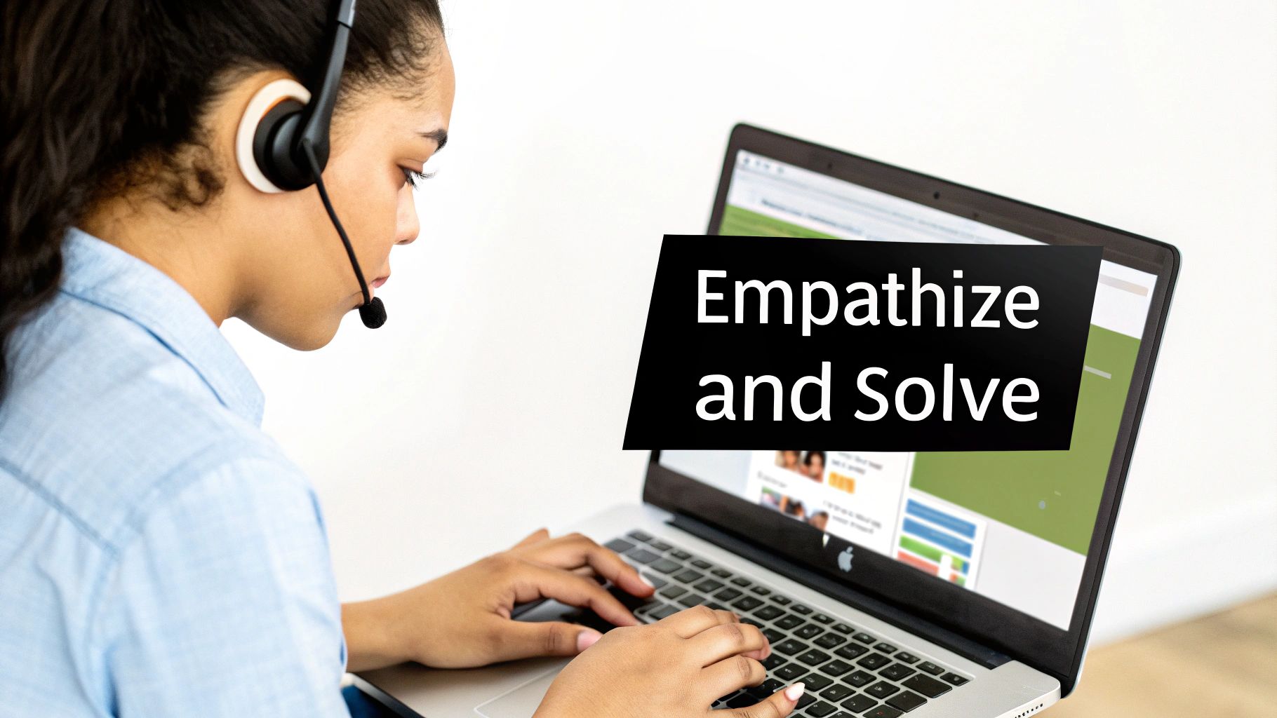 A customer service representative wearing a headset types on a laptop with 'Empathize and Solve' text.