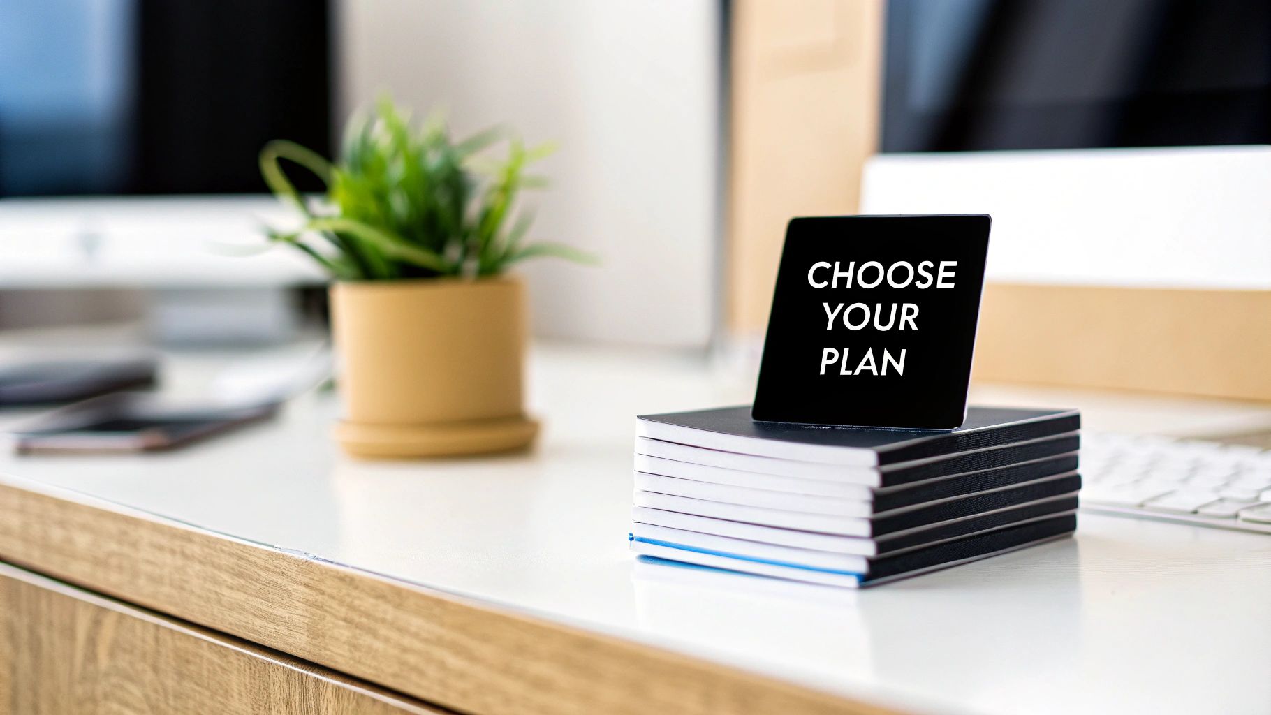 A black sign reading 'CHOOSE YOUR PLAN' sits on notebooks on an office desk.