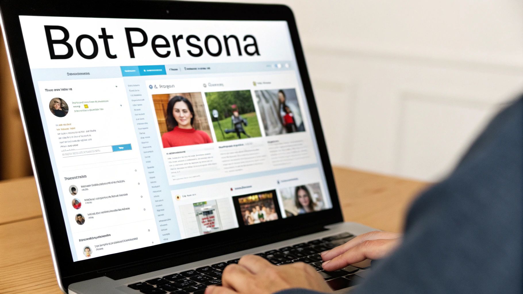 Close-up of hands typing on a laptop displaying a 'Bot Persona' website with various profiles.