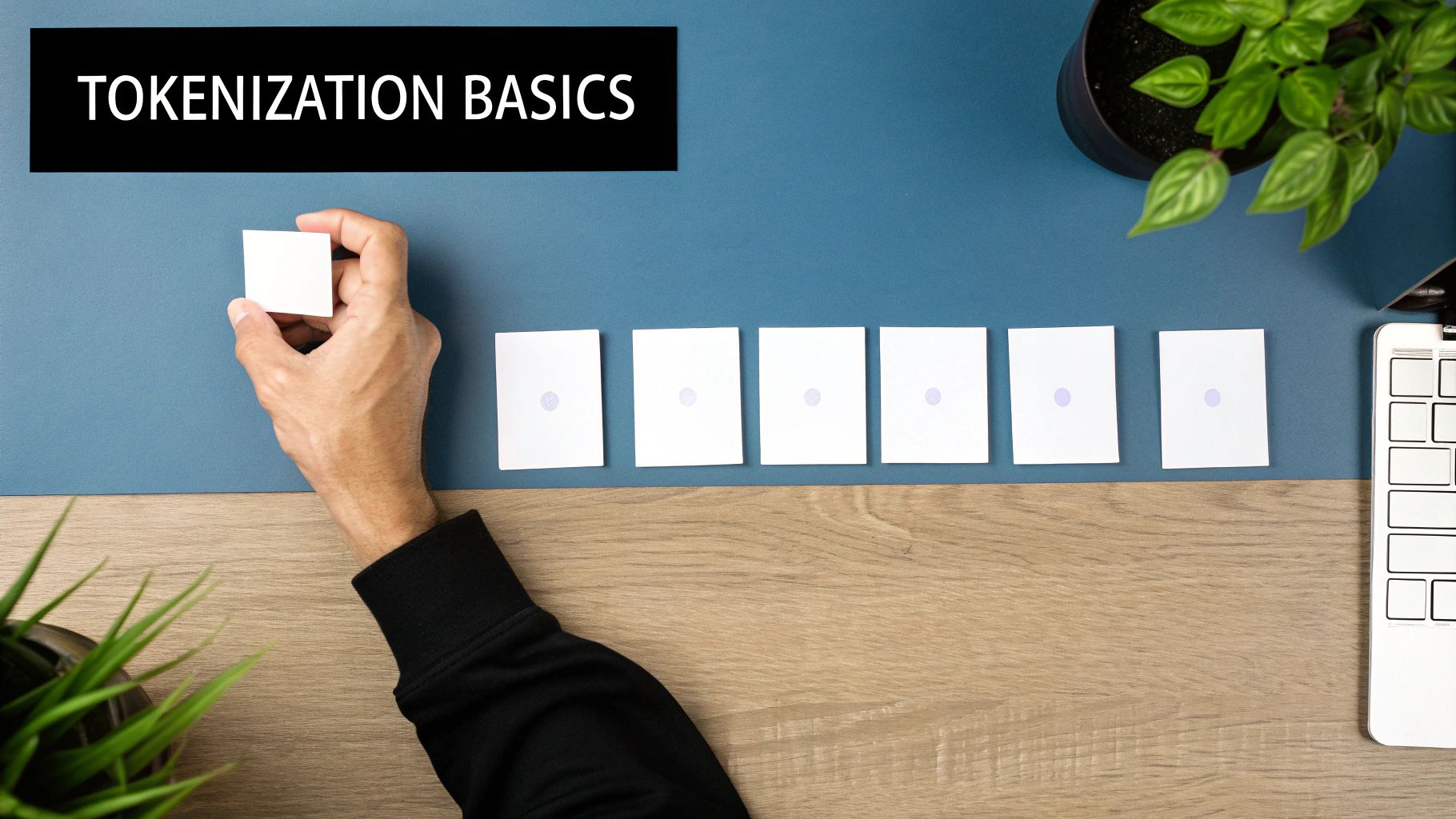 A hand placing a blank white card among others, with a 'TOKENIZATION BASICS' sign on a blue desk.