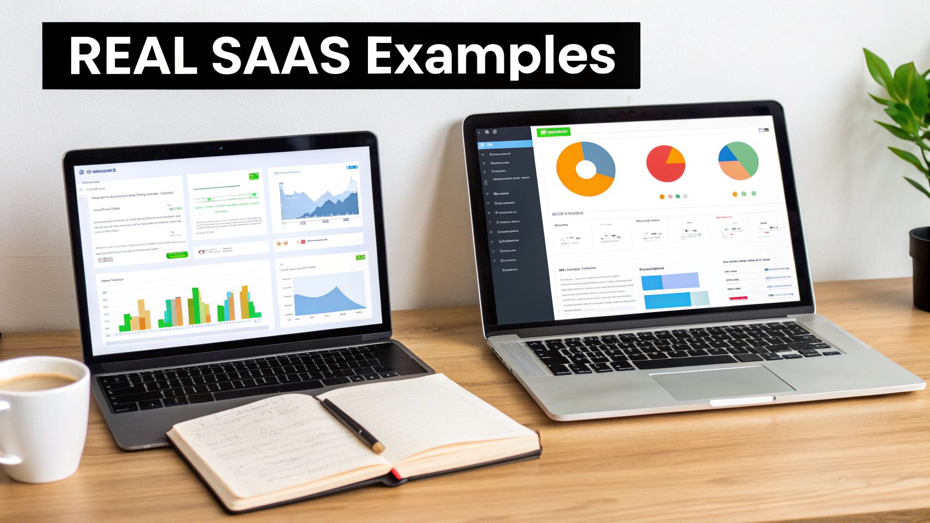 Two laptops on a wooden desk displaying real SaaS dashboards with charts and graphs, alongside a notebook and coffee.