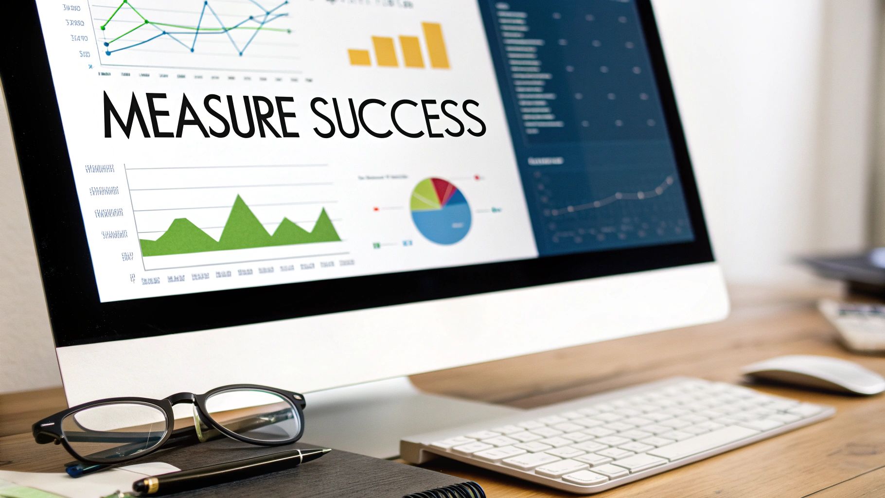 A computer monitor displays 'MEASURE SUCCESS' with data graphs, alongside glasses and a pen on a desk.