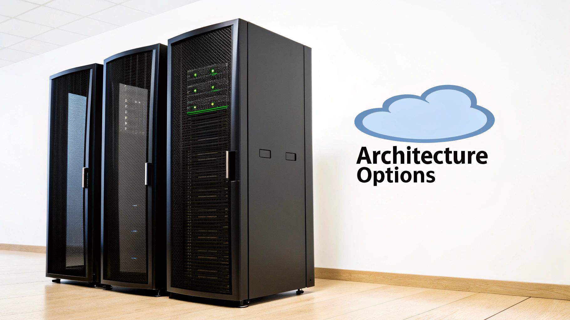 Three black server racks beside cloud icon and architecture options text on white wall