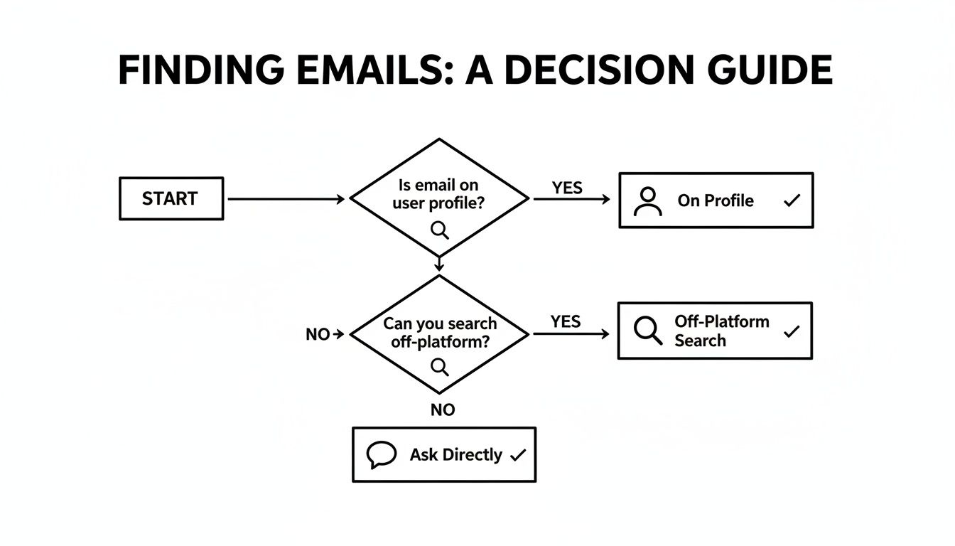 A flowchart titled 'Finding Emails: A Decision Guide' outlining steps to locate emails.