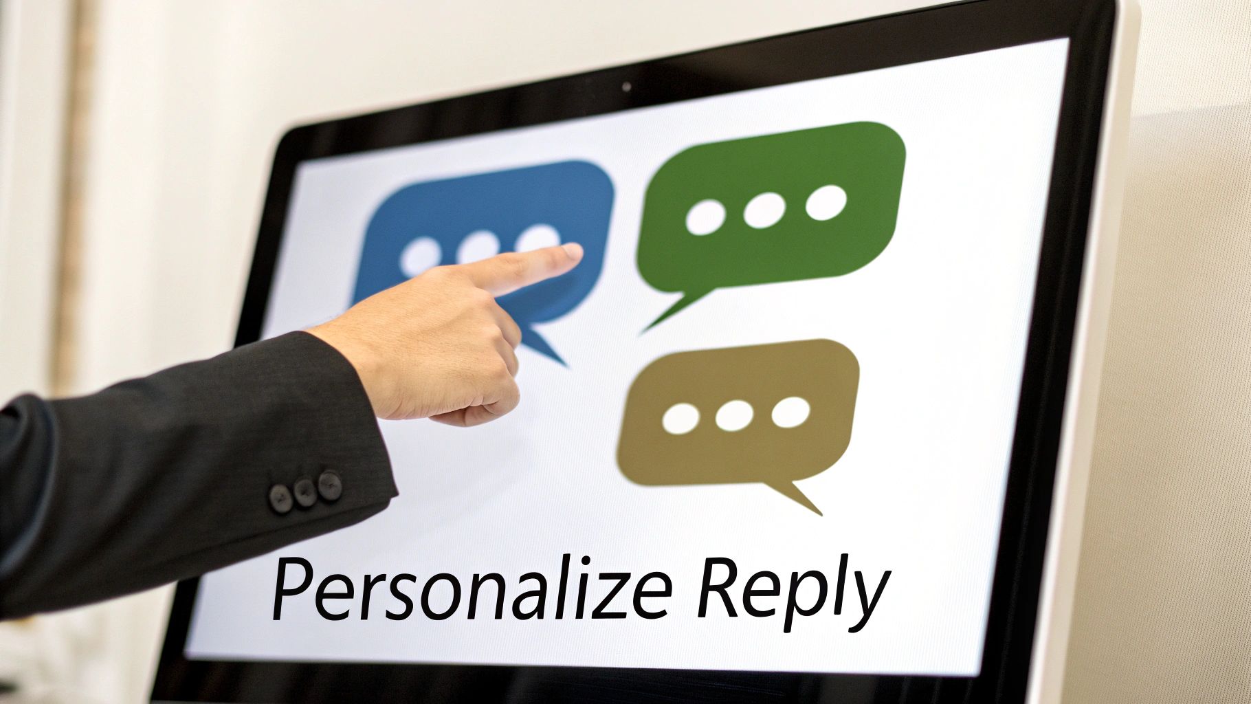 A person's hand points to a computer screen displaying chat bubbles and the text 'Personalize Reply'.