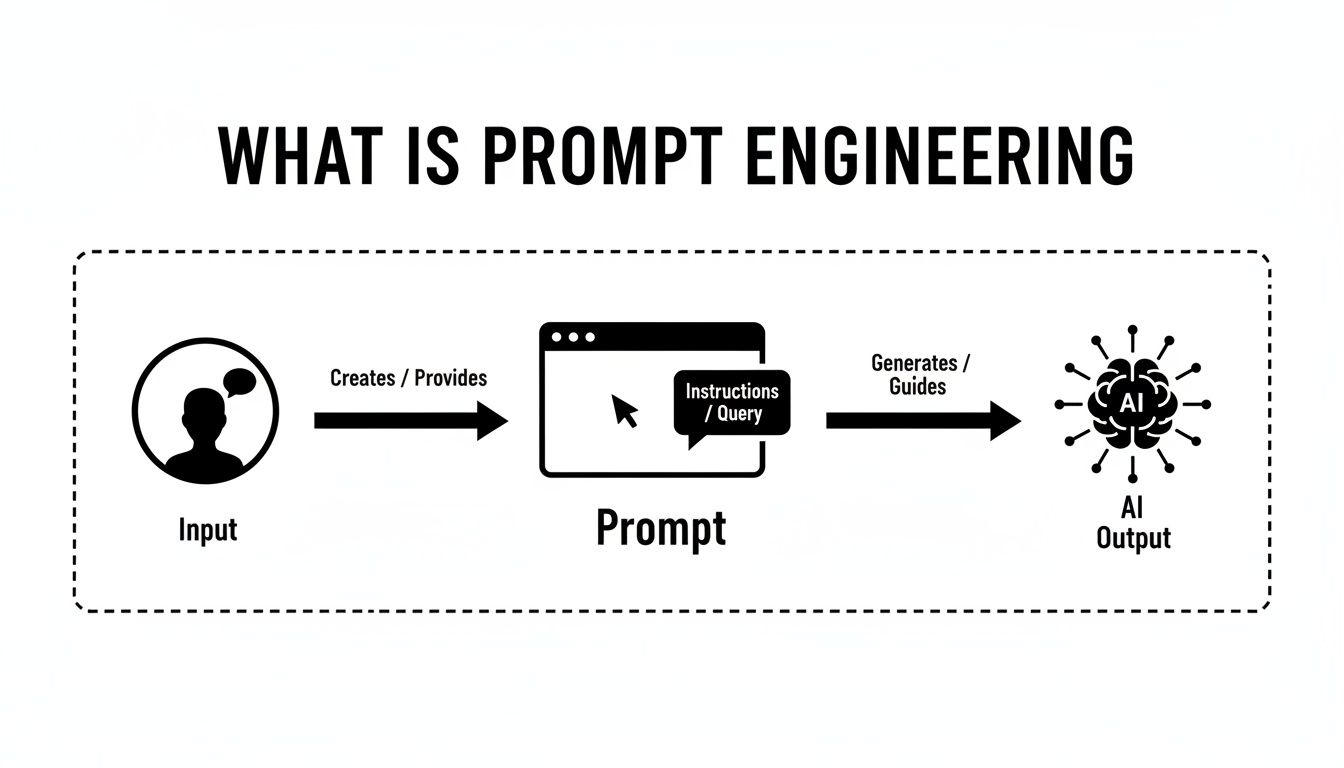 Diagram illustrating prompt engineering: an input creates a prompt that guides AI output.