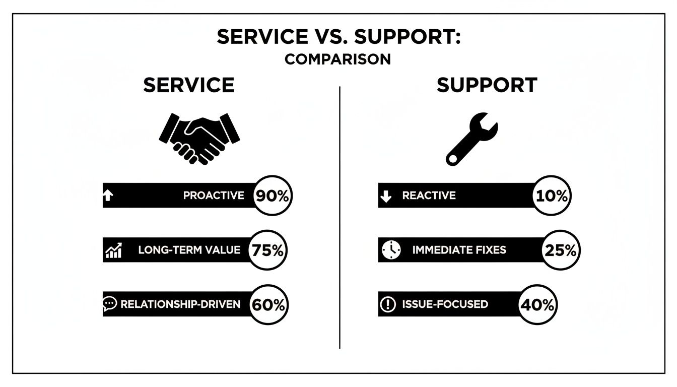Infographic comparing customer service (proactive, long-term, relationship-driven) and support (reactive, immediate fixes, issue-focused).