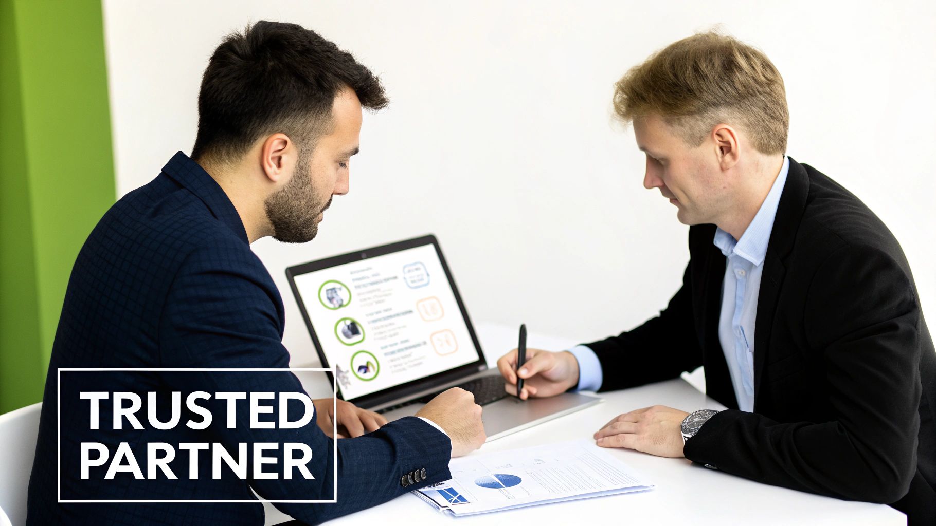 Two business professionals discussing AI chatbot development partnership agreement at modern office meeting