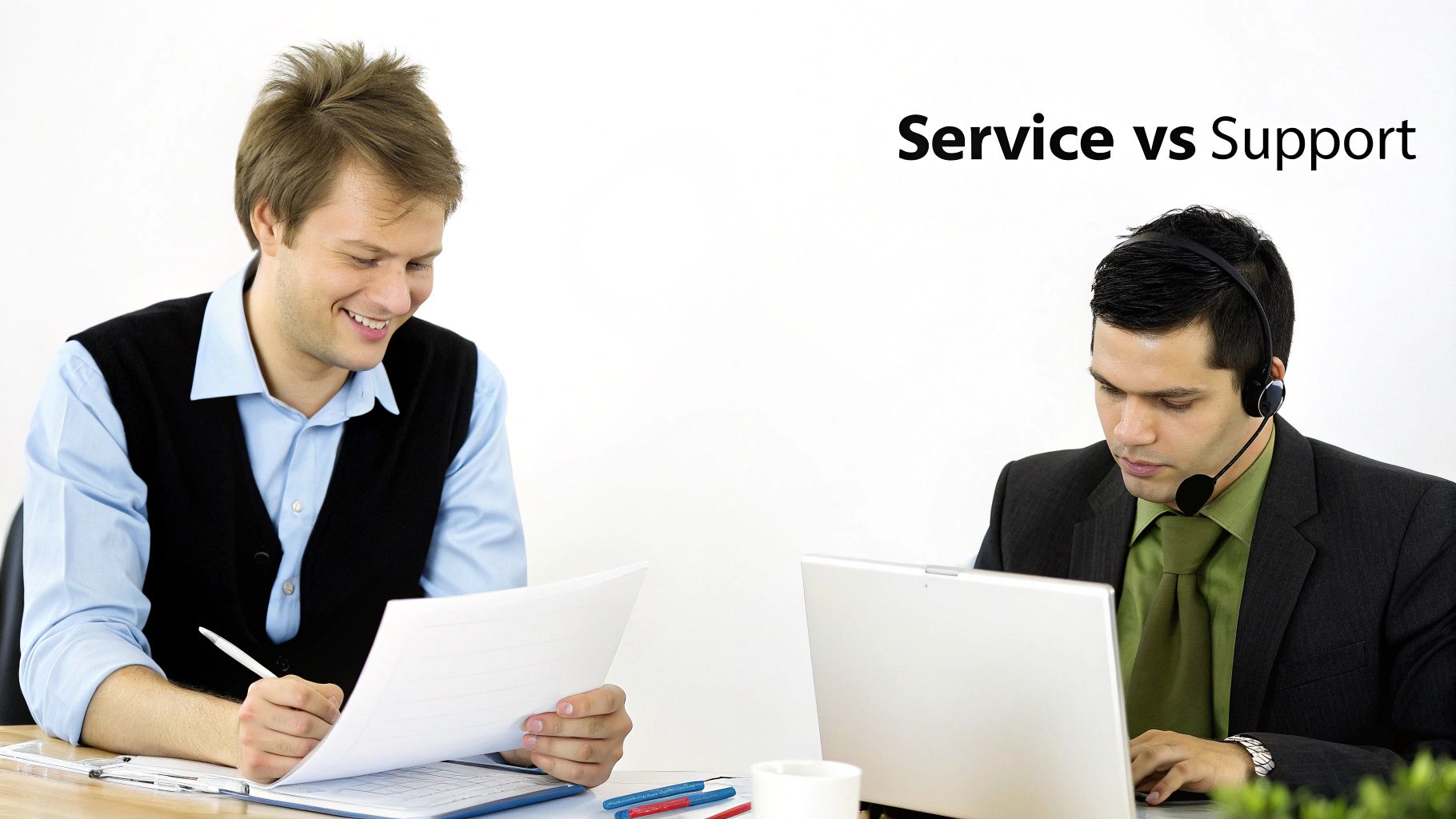 Two men demonstrating customer service and support roles: one smiling with documents, another with a headset and laptop.