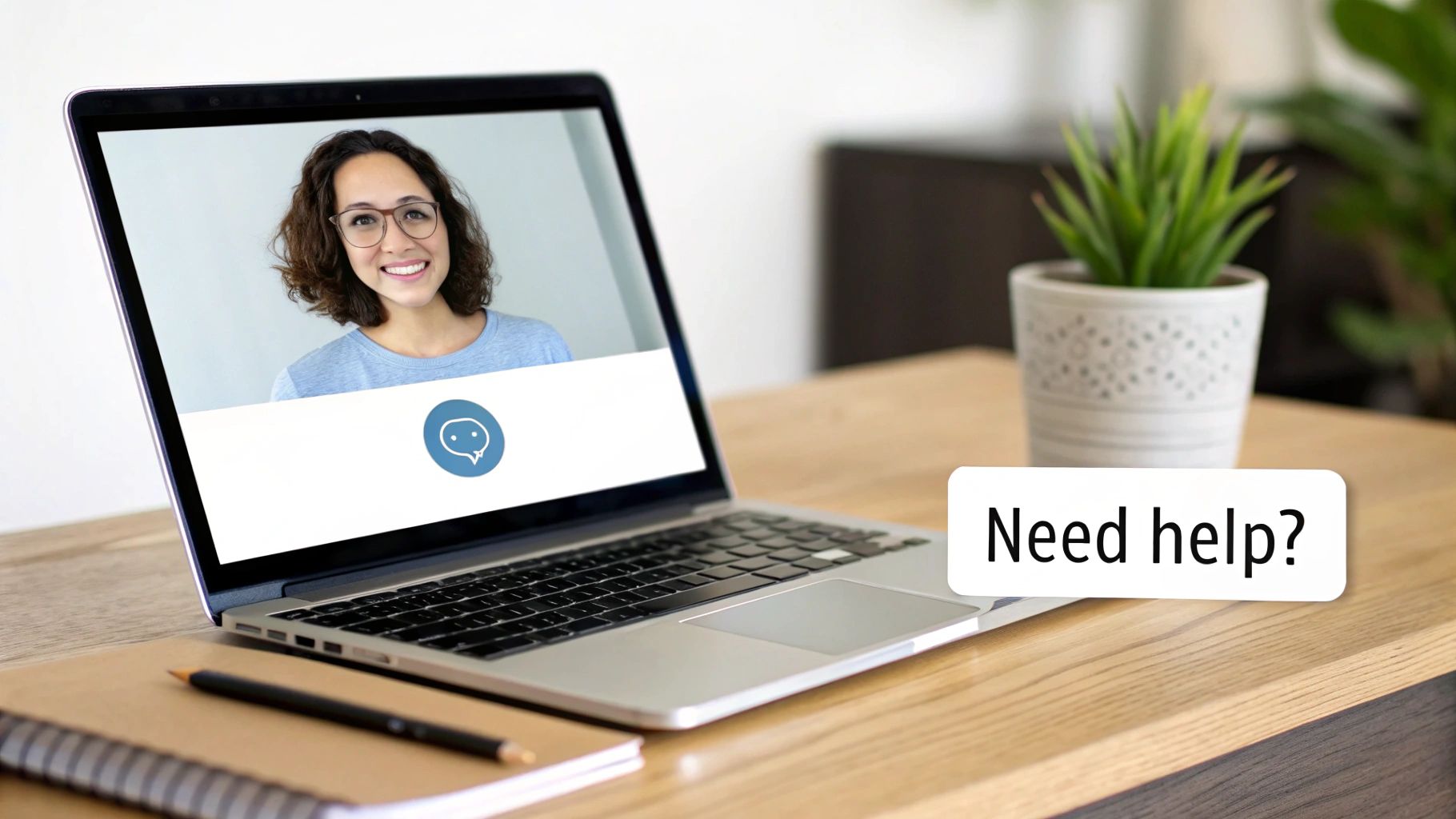 A laptop screen displays a smiling woman in a video call, with a 'Need help?' chat bubble nearby.