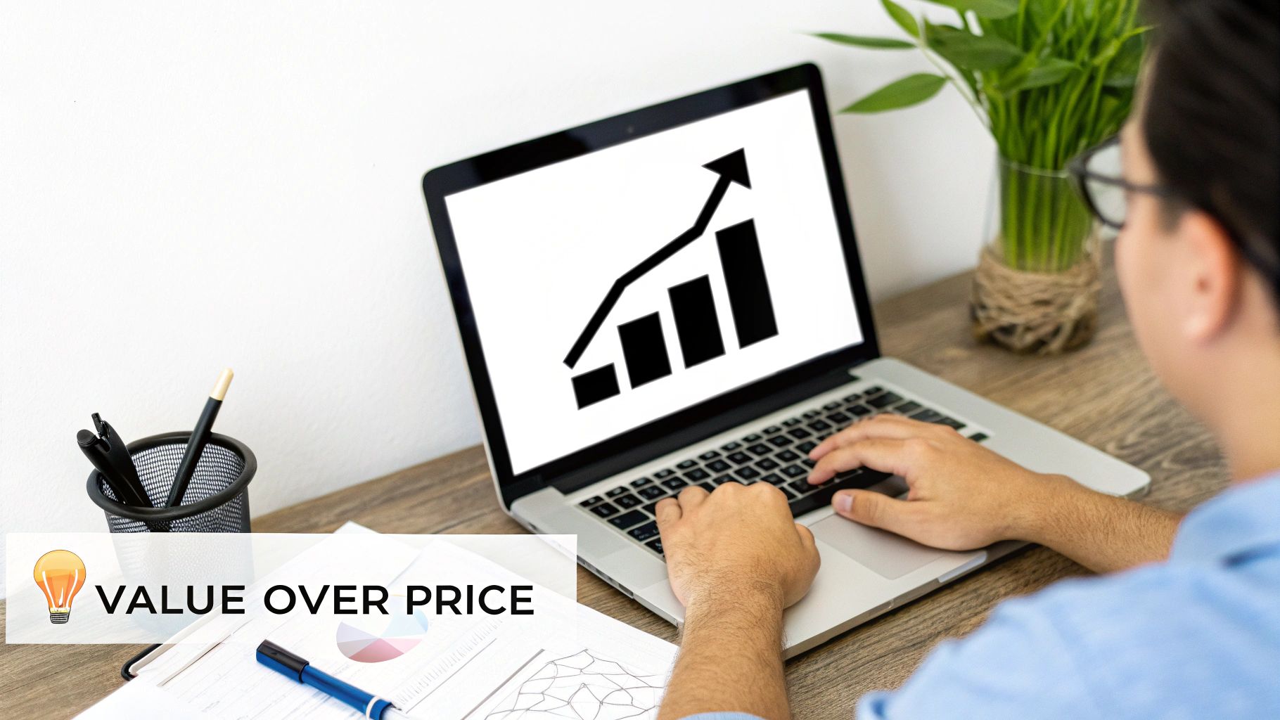 A person working on a laptop displaying a growth chart, with 'VALUE OVER PRICE' text overlay.