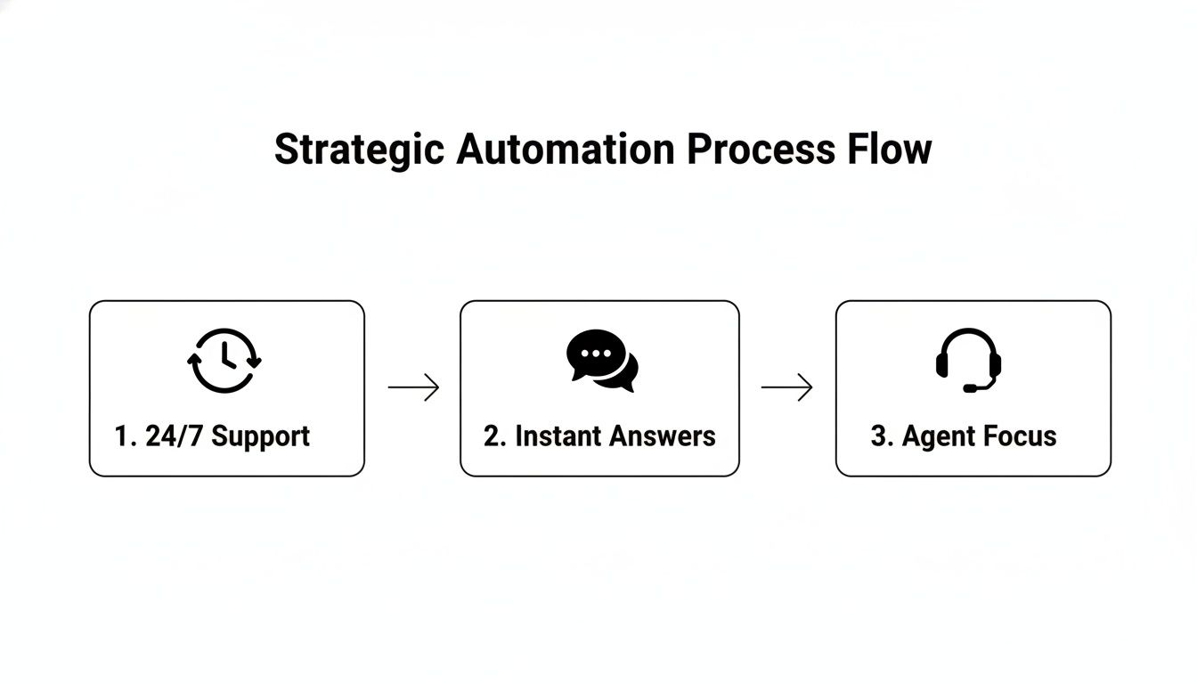 Process flow diagram illustrating strategic automation steps: 24/7 support, instant answers, and agent focus.