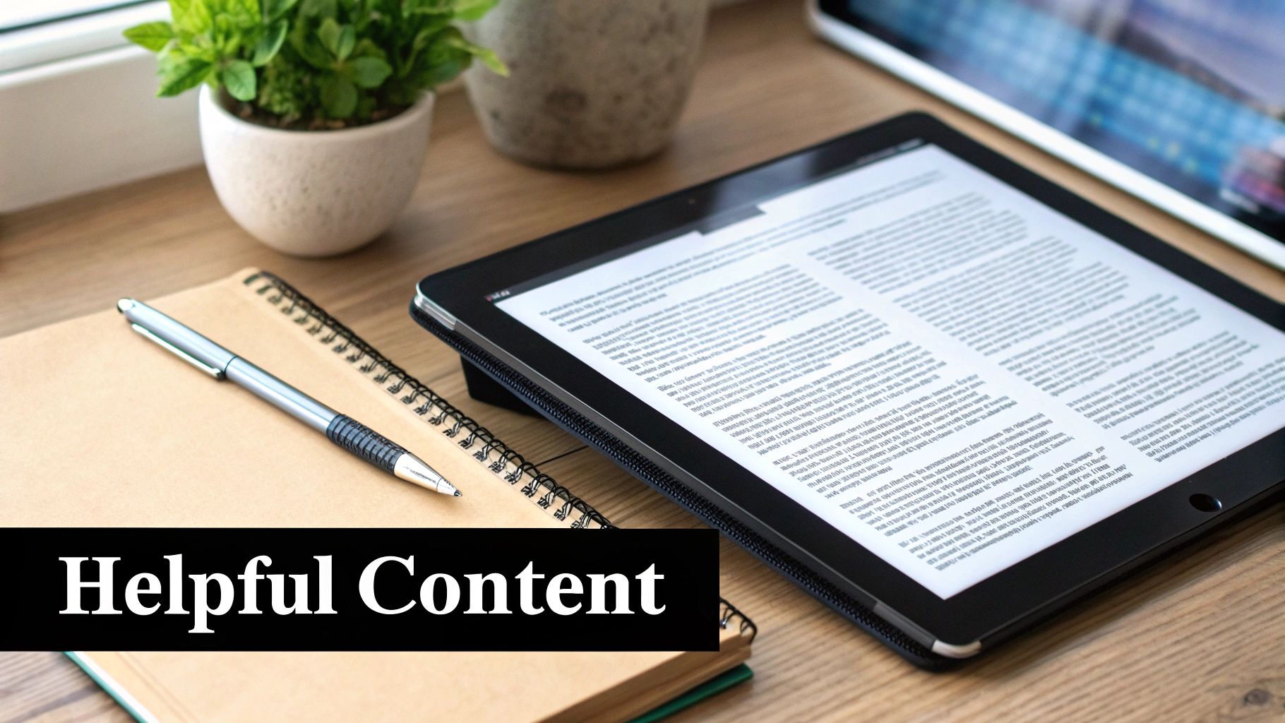 Digital tablet displaying helpful content and text, next to a notebook, pen, and a potted plant on a wooden desk.