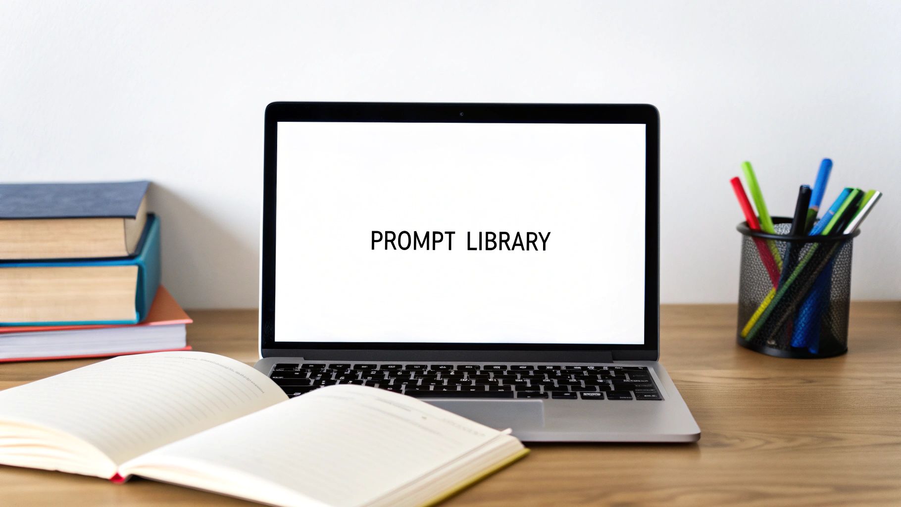 A laptop displaying 'PROMPT LIBRARY' on a white screen, with books and pens on a desk.