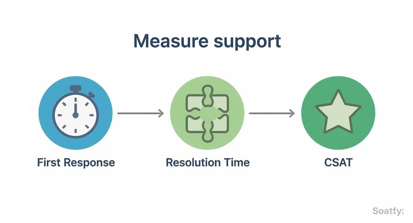 A diagram illustrating how to measure support, showing First Response, Resolution Time, and CSAT metrics.