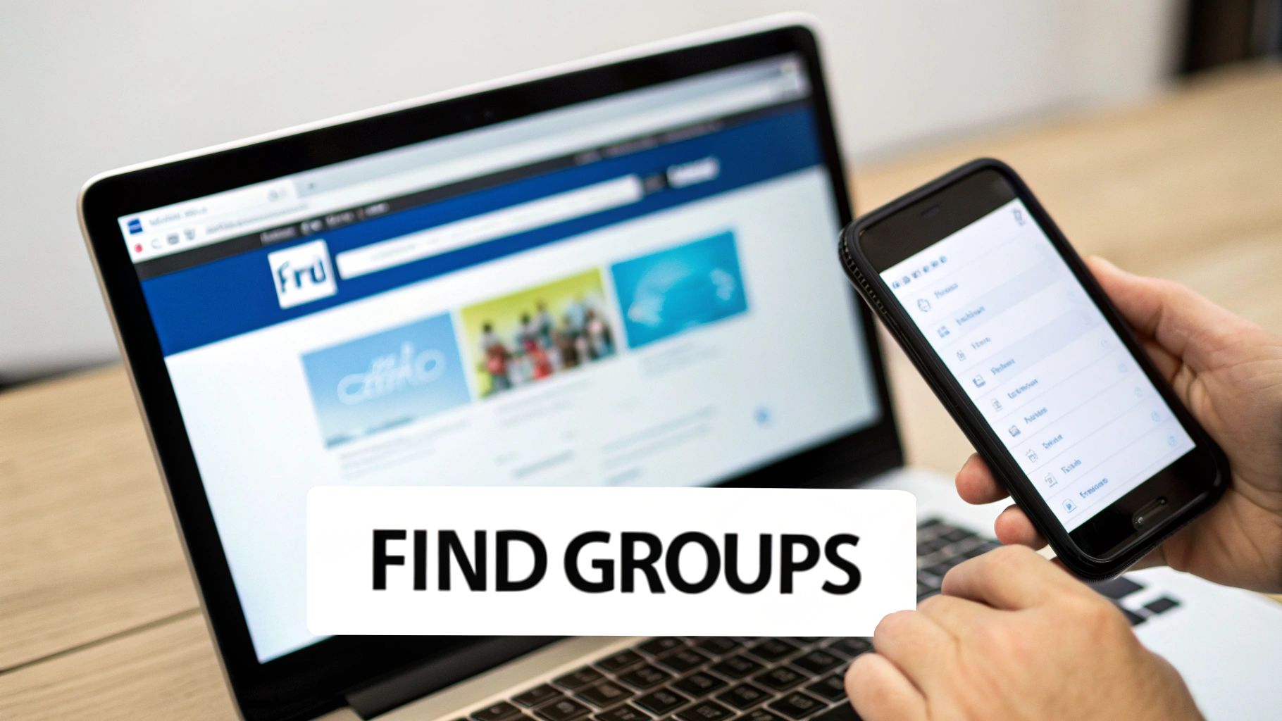 A person's hands interact with a laptop and smartphone, with a 'FIND GROUPS' overlay.