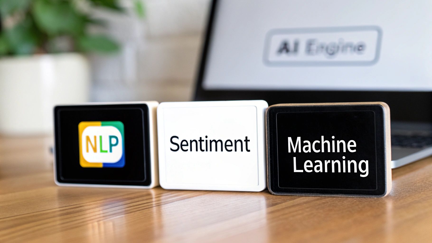 An illustration showing the interconnected gears of an AI chatbot, labeled NLP, Machine Learning, and Integrations.
