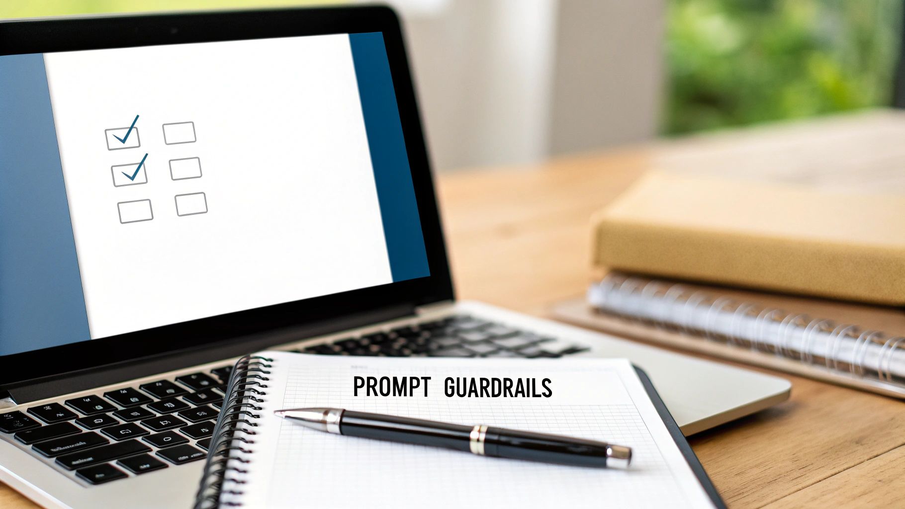 Laptop showing a checklist on screen, with a notebook displaying 'PROMPT GUARDRAILS' and a pen.
