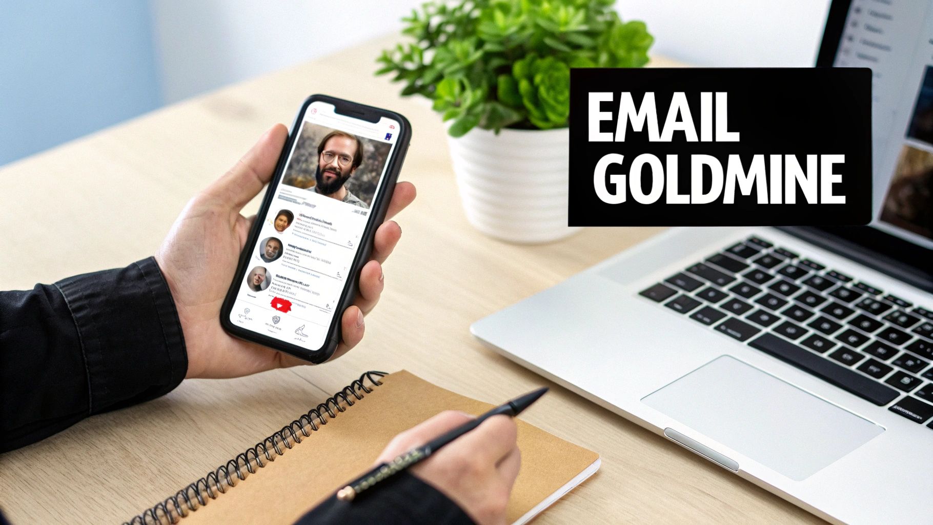 Person holds phone displaying a social media profile, takes notes, with a laptop and 'EMAIL GOLDMINE' sign.
