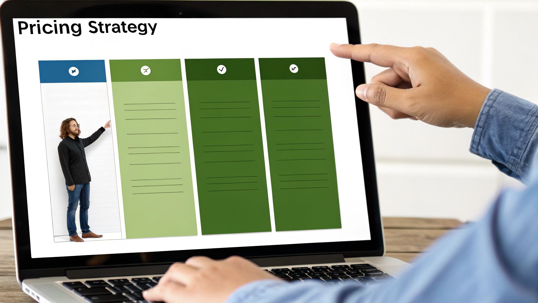 A person pointing at a laptop displaying a pricing strategy with columns, one showing a man.