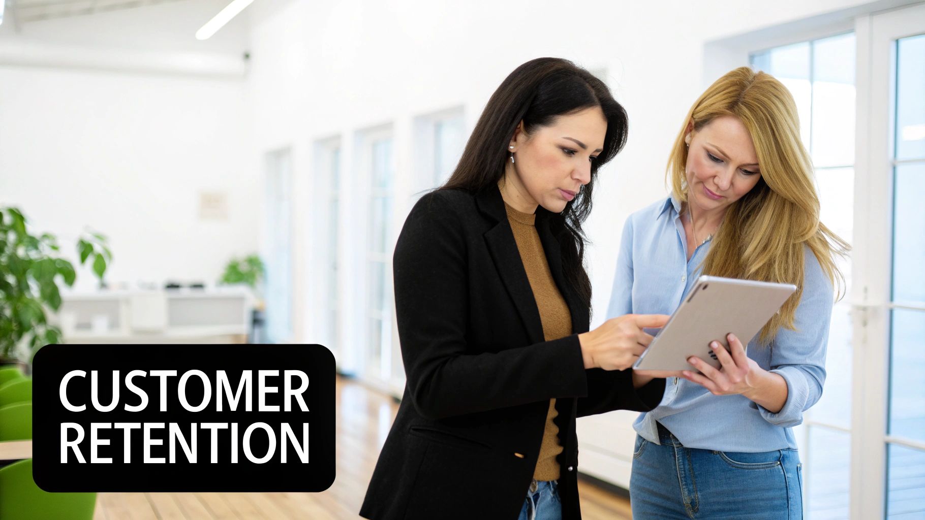 Two businesswomen discussing customer retention strategy on a tablet in a modern office environment.
