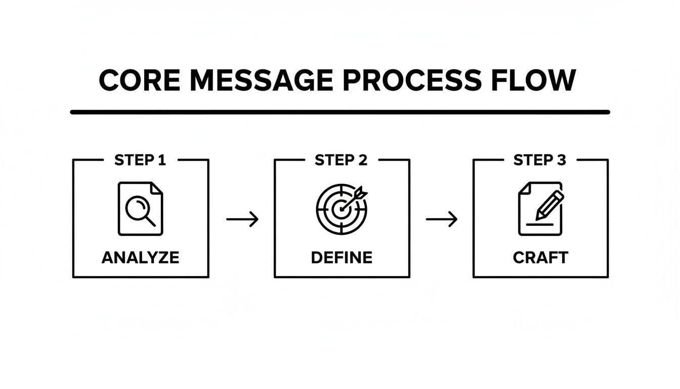A core message process flow diagram illustrating three steps: Analyze, Define, and Craft, with icons.