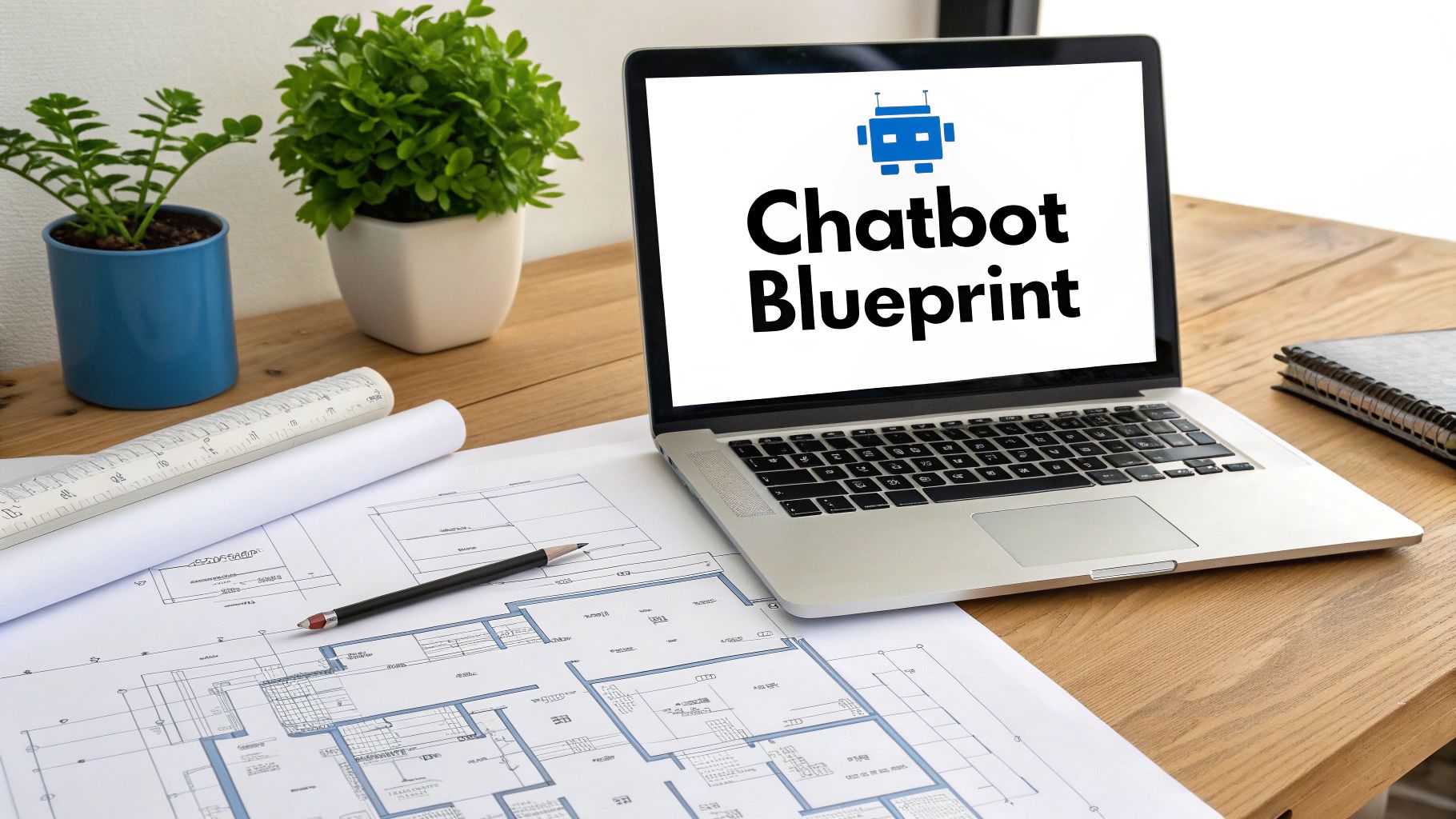 A laptop screen showing 'Chatbot Blueprint' sits on a desk with architectural plans, a pencil, and plants.