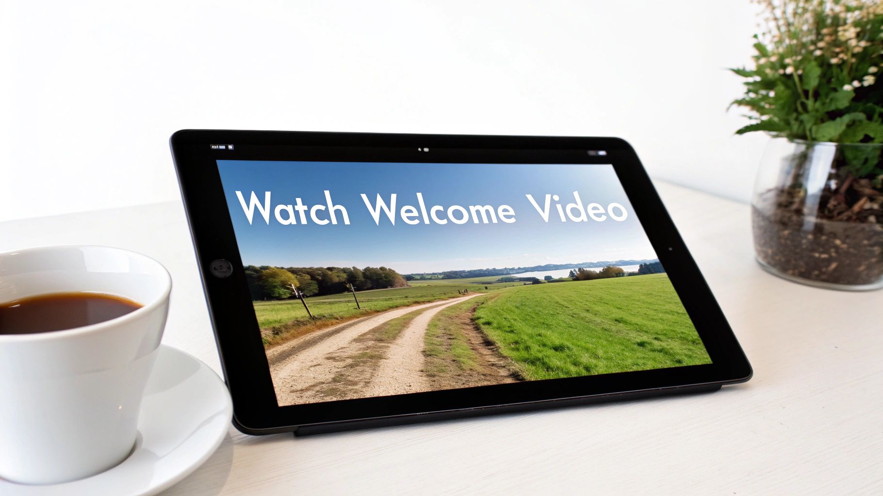 A tablet on a desk shows 'Watch Welcome Video' with a scenic background, beside a coffee cup.