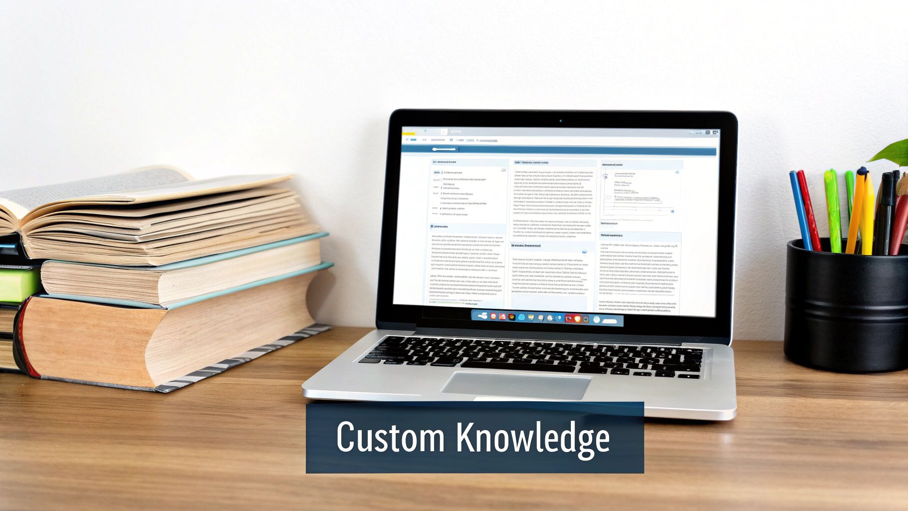 Laptop displaying a custom knowledge base on a wooden desk, alongside stacked books and colorful pens.