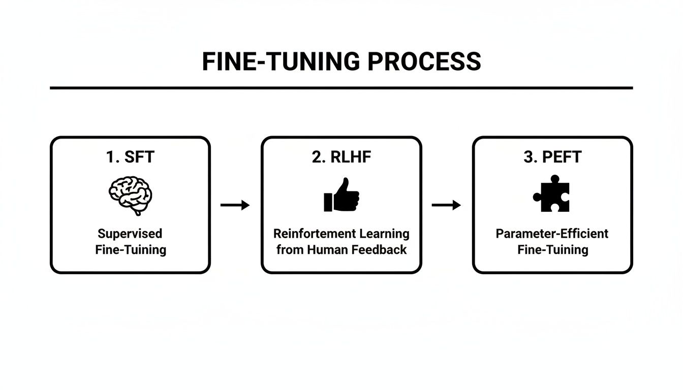Diagram illustrating the fine-tuning process for LLMs, including SFT, RLHF, and PEFT stages.