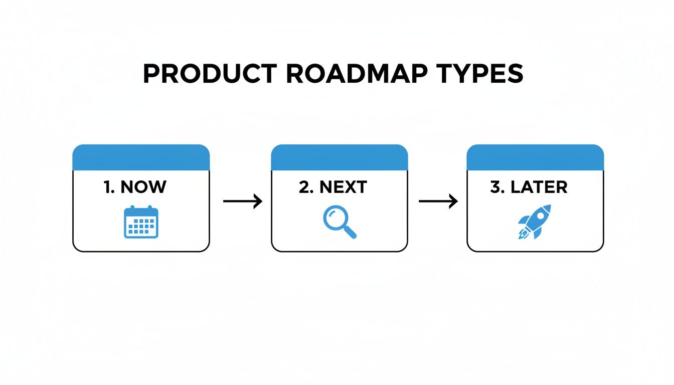 A diagram illustrating three product roadmap types: Now, Next, and Later, with corresponding icons.
