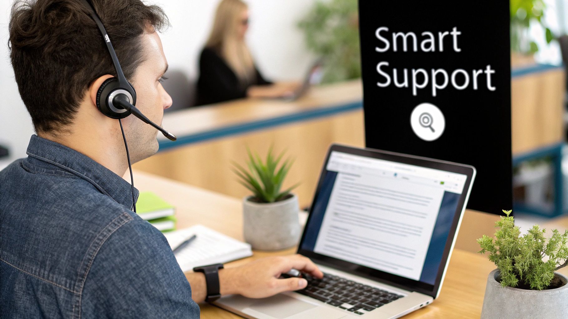 A man with a headset provides smart support at a desk with a laptop and plants.