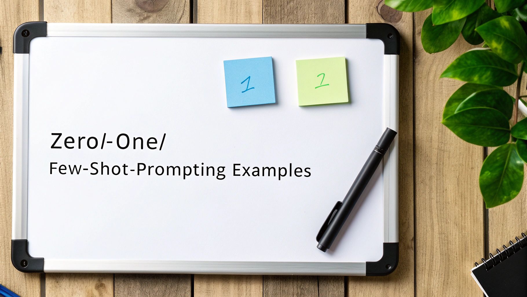 A whiteboard displays 'Zero/-One/ Few-Shot-Prompting Examples' with sticky notes '1' and '2', and a pen.