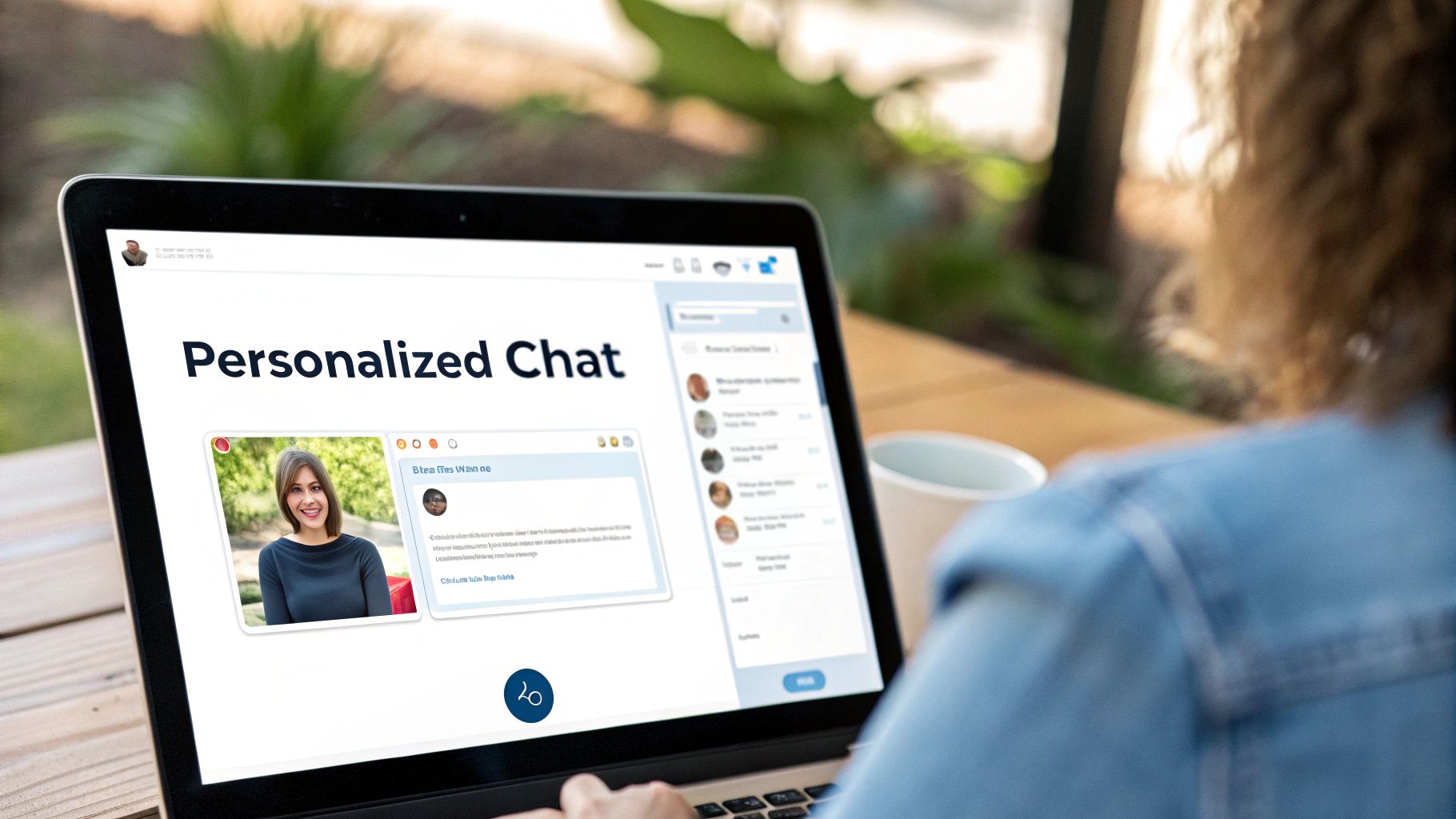 A person uses a laptop displaying a personalized chat interface with a video call and messages outdoors.