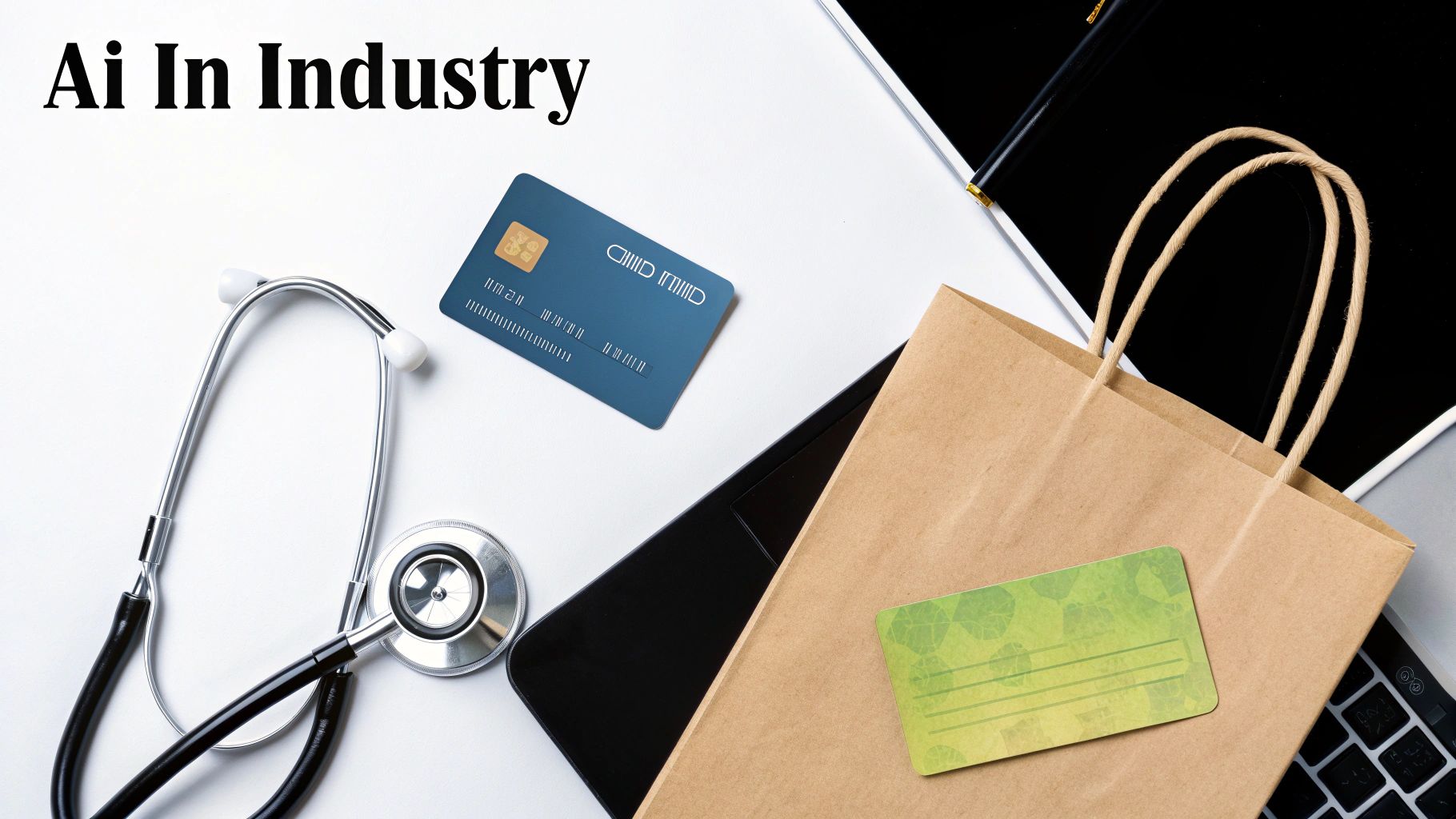 AI in industry concept featuring stethoscope, credit cards, laptop, and shopping bag representing healthcare and retail