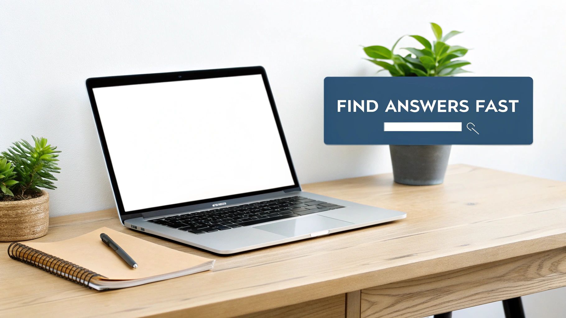 A person using a laptop to access a company's self-service portal, with icons for FAQs, chatbots, and tutorials floating around the screen.