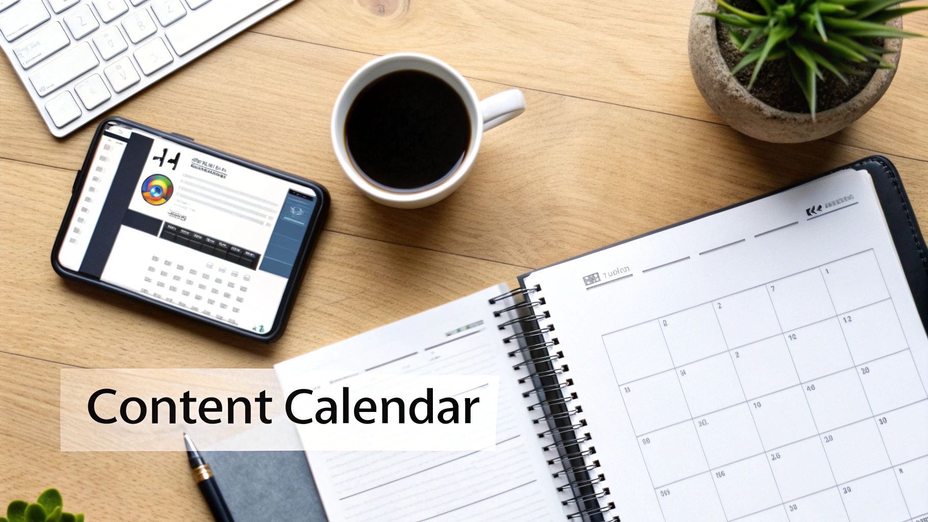 A flat lay of a content calendar workspace with a smartphone, planner, keyboard, and coffee mug.