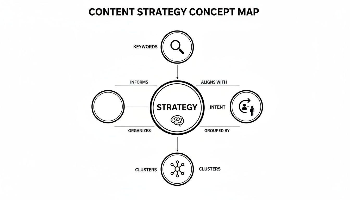 Content strategy concept map illustrating the connection between keywords, intent, and content organization.