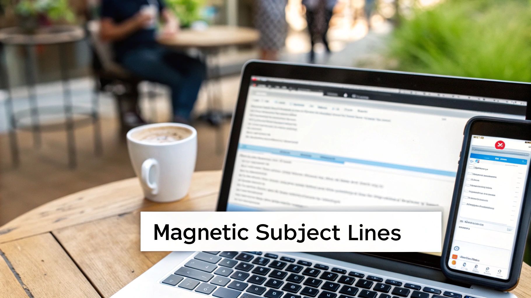 A laptop, smartphone, and coffee cup on a wooden table, with text 'Magnetic Subject Lines'.