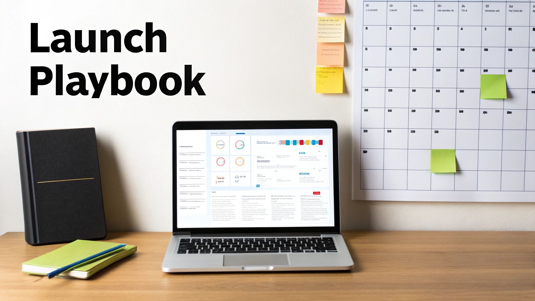 A desk with a laptop showing dashboards, notebooks, and a calendar next to 'Launch Playbook' text.