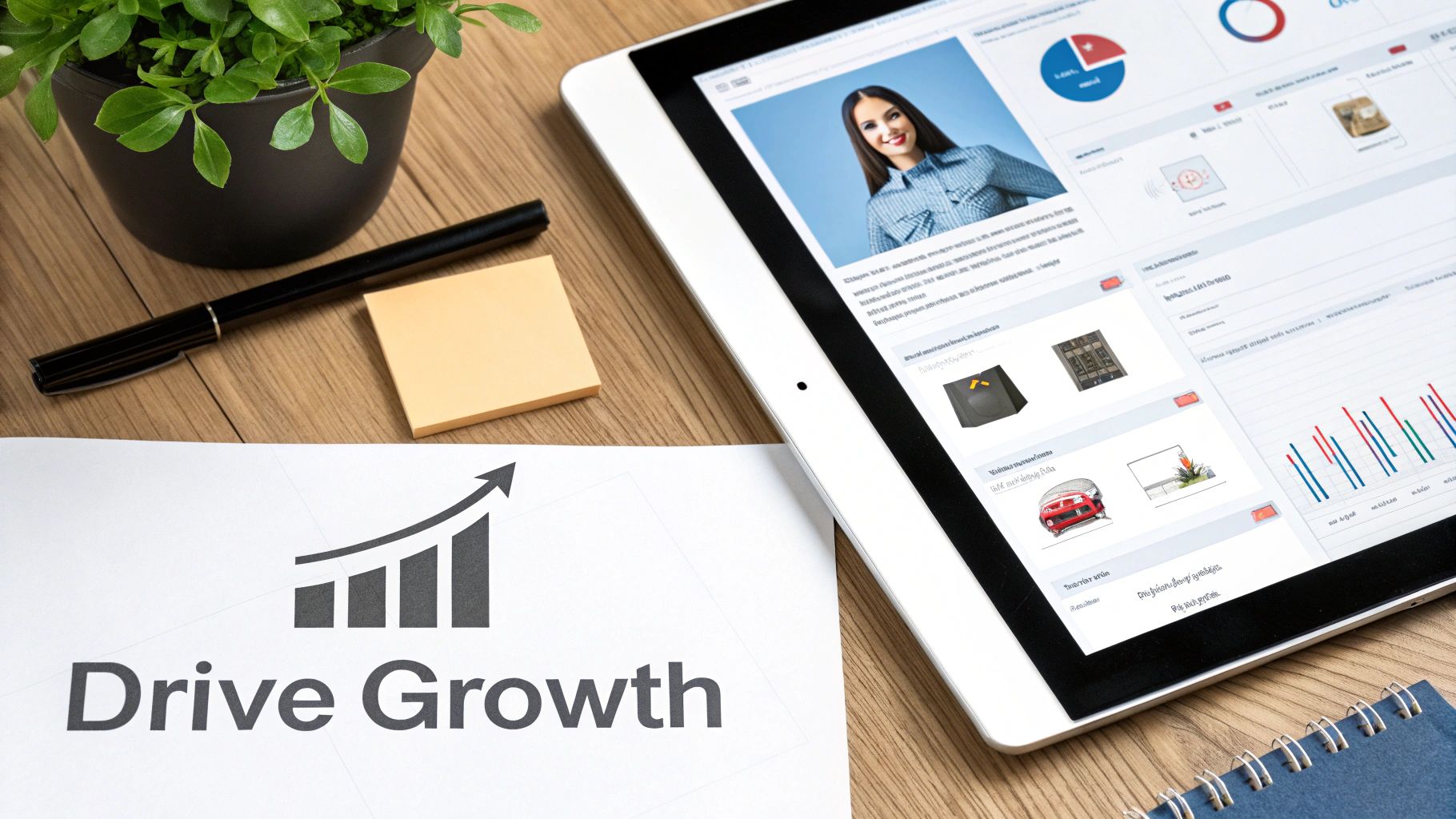Digital tablet displaying business profile with growth chart document and plant on wooden desk