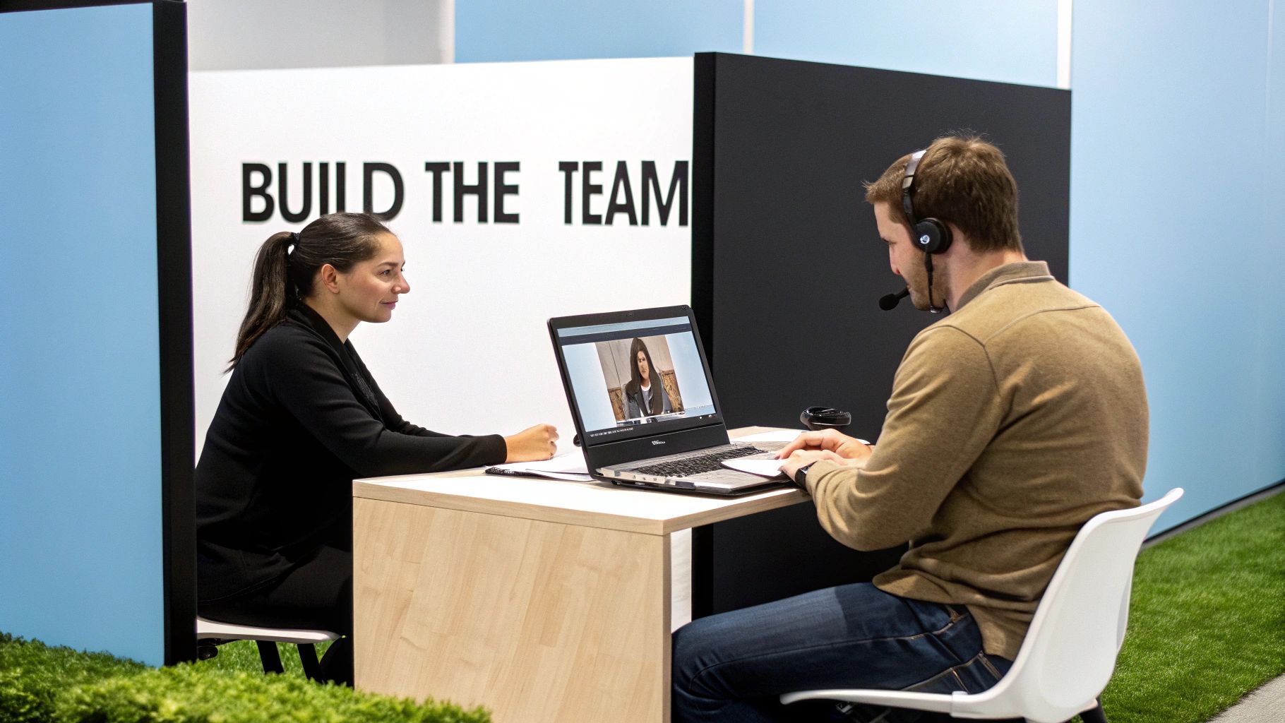 A man in a headset conducts a video call on a laptop, observed by a woman.