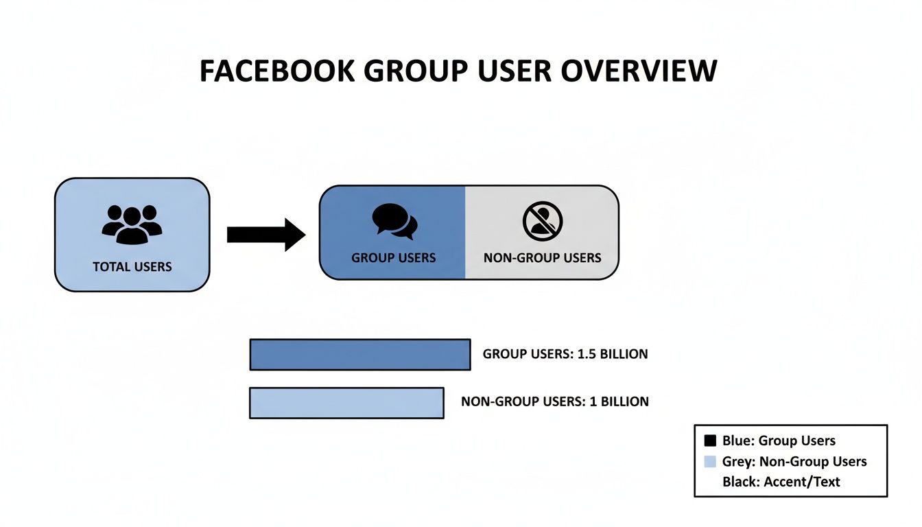 Facebook group user overview illustrating 1.5 billion group users and 1 billion non-group users.